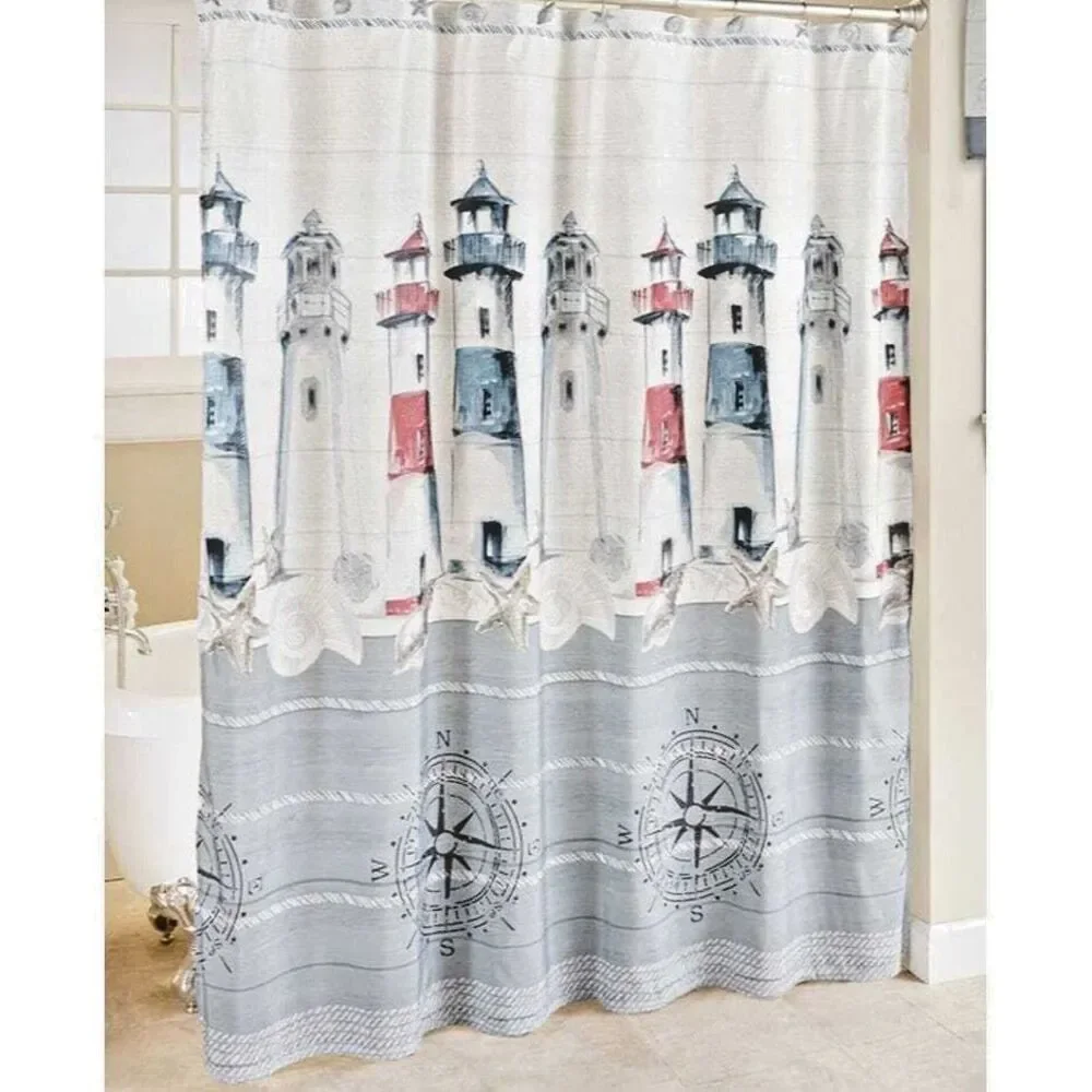 Lighthouse Shower Curtain Nautical Seashell Ship Compass Polyester Bath Gift NEW